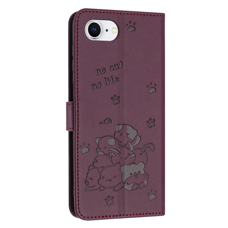For iPhone 16e Embossed Kitten Phone Leather Case with Lanyard(Wine Red) by bashfashion