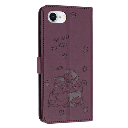 For iPhone 16e Embossed Kitten Phone Leather Case with Lanyard(Wine Red) by bashfashion