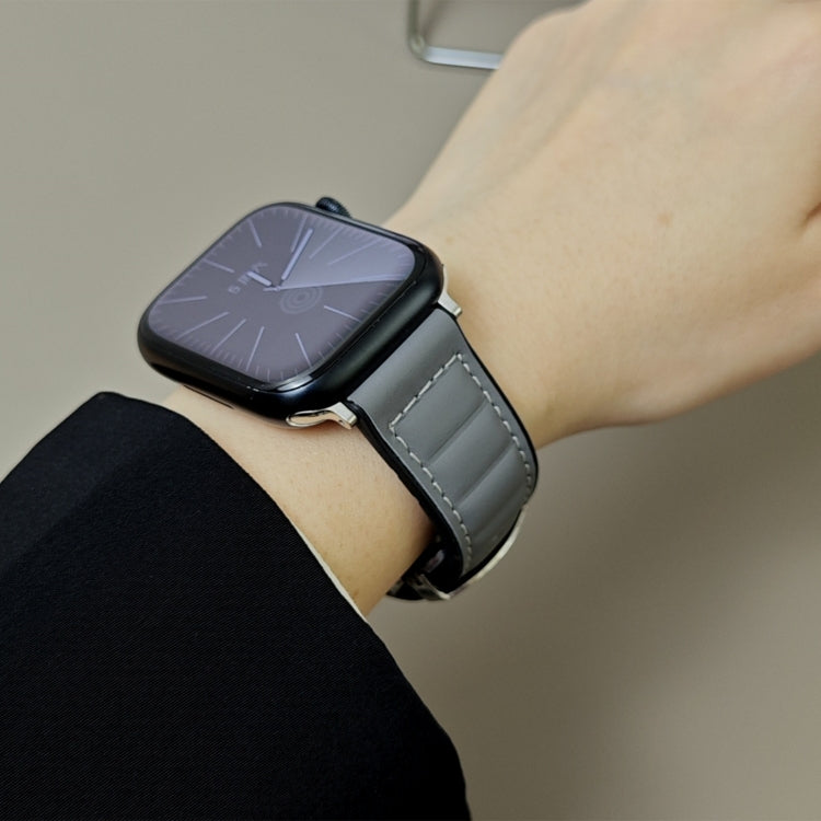For Apple Watch 46mm / 49mm / 45mm / 44mm Striations Genuine Leather Butterfly Buckle Watch Band(Grey) by bashfashion