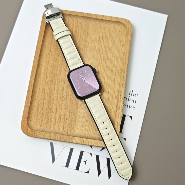 For Apple Watch 46mm / 49mm / 45mm / 44mm Striations Genuine Leather Butterfly Buckle Watch Band(Beige) by bashfashion