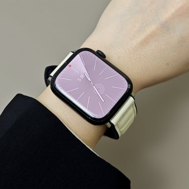 For Apple Watch 46mm / 49mm / 45mm / 44mm Striations Genuine Leather Butterfly Buckle Watch Band(Beige) by bashfashion