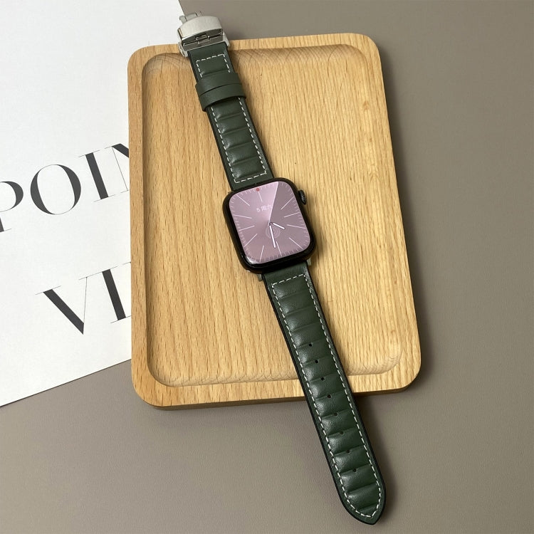 For Apple Watch 46mm / 49mm / 45mm / 44mm Striations Genuine Leather Butterfly Buckle Watch Band(Forest Green) by bashfashion