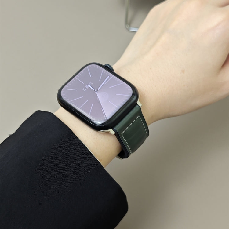For Apple Watch 46mm / 49mm / 45mm / 44mm Striations Genuine Leather Butterfly Buckle Watch Band(Forest Green) by bashfashion