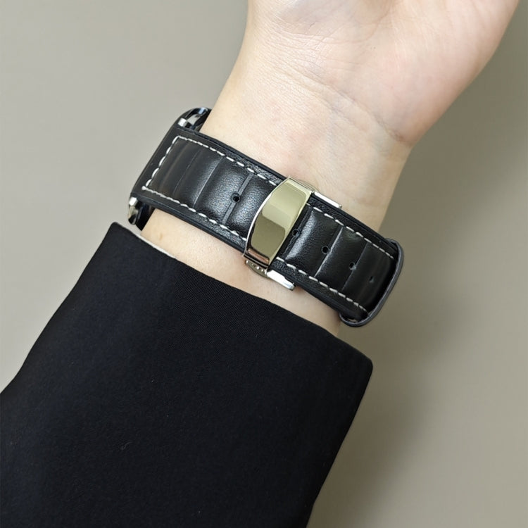 For Apple Watch 42mm / 41mm / 40mm / 38mm Striations Genuine Leather Butterfly Buckle Watch Band(Black) by bashfashion