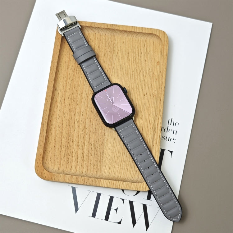 For Apple Watch 42mm / 41mm / 40mm / 38mm Striations Genuine Leather Butterfly Buckle Watch Band(Grey) by bashfashion