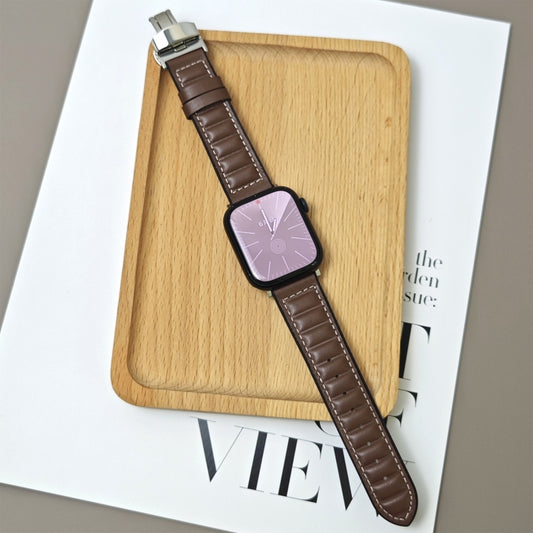For Apple Watch 42mm / 41mm / 40mm / 38mm Striations Genuine Leather Butterfly Buckle Watch Band(Deep Coffee) by bashfashion