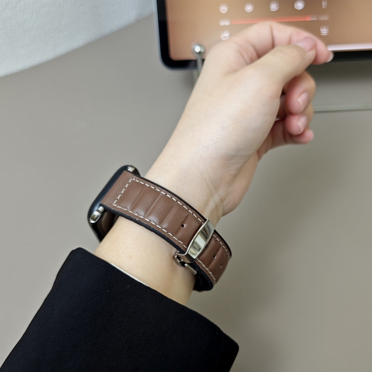For Apple Watch 42mm / 41mm / 40mm / 38mm Striations Genuine Leather Butterfly Buckle Watch Band(Deep Coffee) by bashfashion