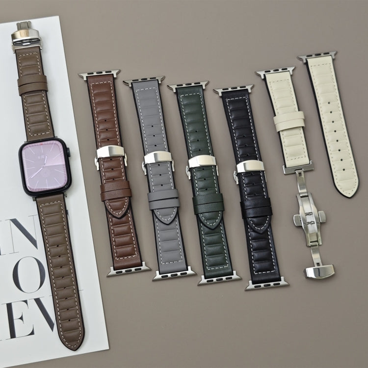 For Apple Watch 42mm / 41mm / 40mm / 38mm Striations Genuine Leather Butterfly Buckle Watch Band(Grey) by bashfashion