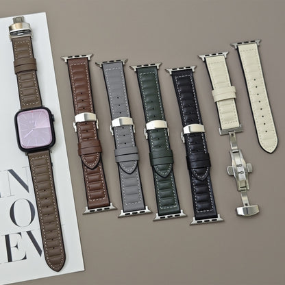 For Apple Watch 42mm / 41mm / 40mm / 38mm Striations Genuine Leather Butterfly Buckle Watch Band(Beige) by bashfashion