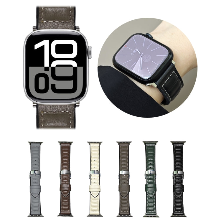 For Apple Watch 46mm / 49mm / 45mm / 44mm Striations Genuine Leather Butterfly Buckle Watch Band(Black) by bashfashion