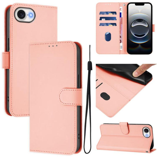 For iPhone 16e Skin Feel Solid Color Leather Phone Case with Lanyard(Pink) by bashfashion