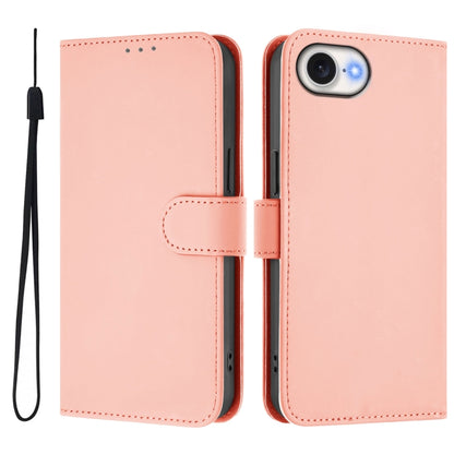 For iPhone 16e Skin Feel Solid Color Leather Phone Case with Lanyard(Pink) by bashfashion