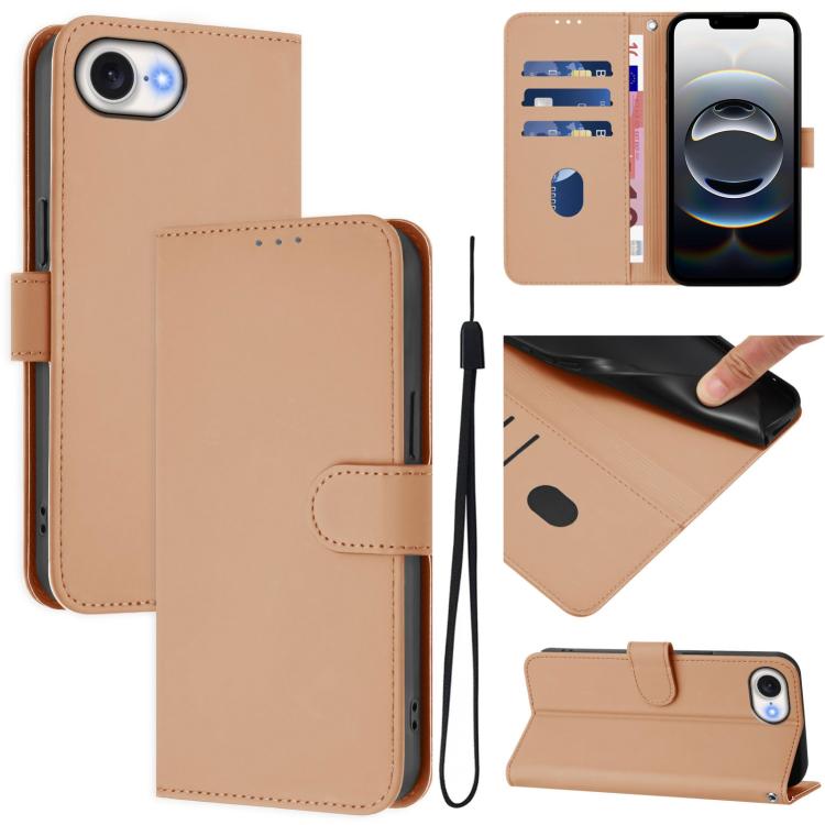 For iPhone 16e Skin Feel Solid Color Leather Phone Case with Lanyard(Nude) by bashfashion