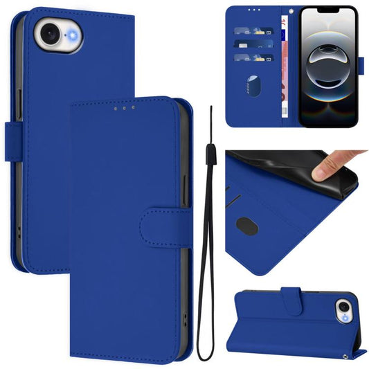 For iPhone 16e Skin Feel Solid Color Leather Phone Case with Lanyard(Dark Blue) by bashfashion