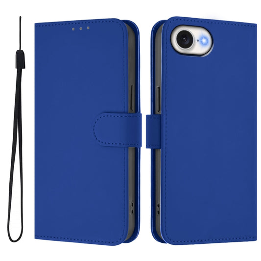 For iPhone 16e Skin Feel Solid Color Leather Phone Case with Lanyard(Dark Blue) by bashfashion