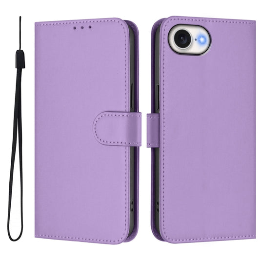 For iPhone 16e Skin Feel Solid Color Leather Phone Case with Lanyard(Lavender Purple) by bashfashion