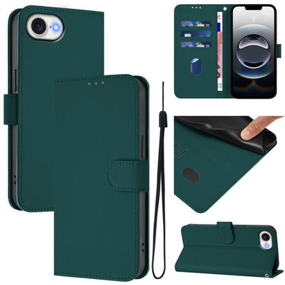 For iPhone 16e Skin Feel Solid Color Leather Phone Case with Lanyard(Dark Green) by bashfashion