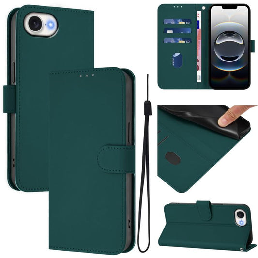 For iPhone 16e Skin Feel Solid Color Leather Phone Case with Lanyard(Dark Green) by bashfashion