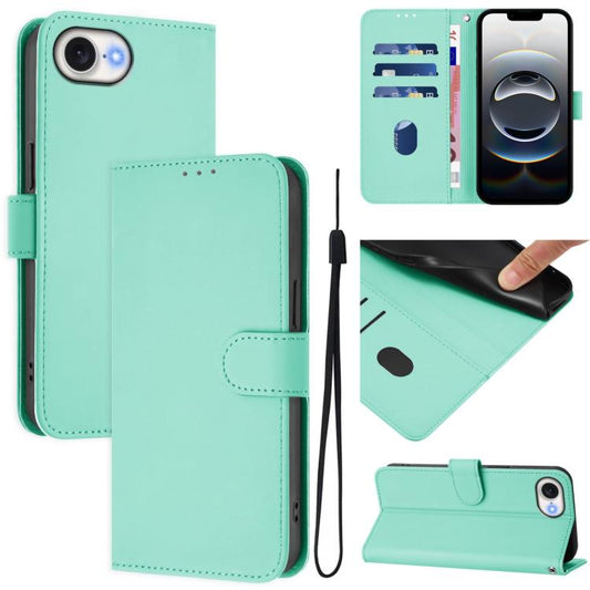 For iPhone 16e Skin Feel Solid Color Leather Phone Case with Lanyard(Mint Green) by bashfashion