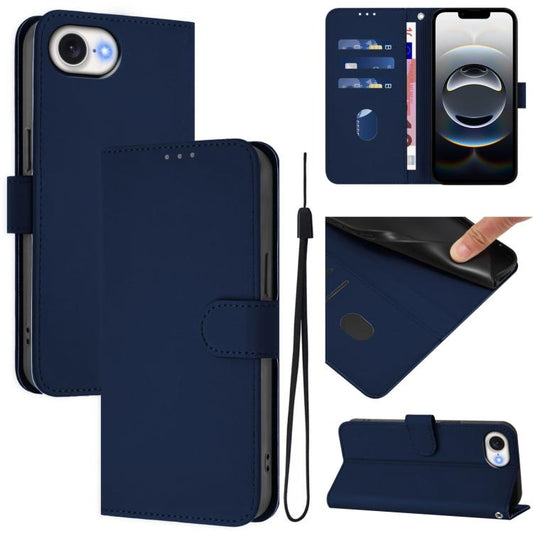 For iPhone 16e Skin Feel Solid Color Leather Phone Case with Lanyard(Navy Blue) by bashfashion