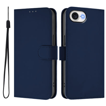 For iPhone 16e Skin Feel Solid Color Leather Phone Case with Lanyard(Navy Blue) by bashfashion