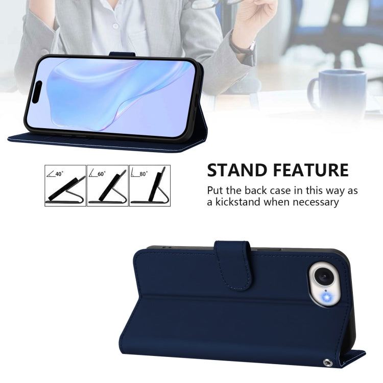 For iPhone 16e Skin Feel Solid Color Leather Phone Case with Lanyard(Navy Blue) by bashfashion