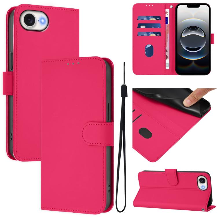 For iPhone 16e Skin Feel Solid Color Leather Phone Case with Lanyard(Rose Red) by bashfashion