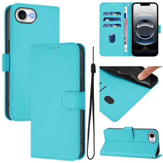 For iPhone 16e Skin Feel Solid Color Leather Phone Case with Lanyard(Lake Blue) by bashfashion