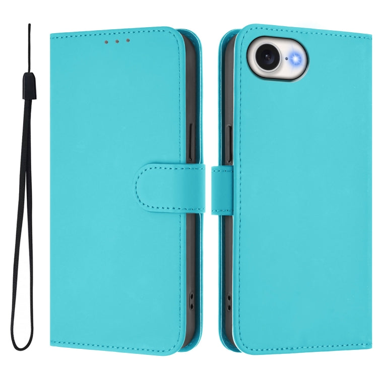 For iPhone 16e Skin Feel Solid Color Leather Phone Case with Lanyard(Lake Blue) by bashfashion