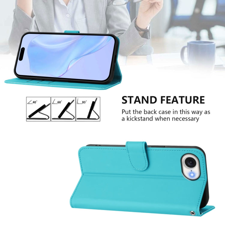 For iPhone 16e Skin Feel Solid Color Leather Phone Case with Lanyard(Lake Blue) by bashfashion