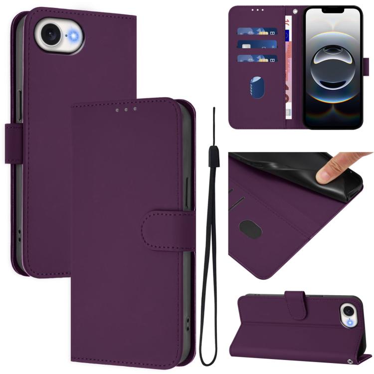 For iPhone 16e Skin Feel Solid Color Leather Phone Case with Lanyard(Violet) by bashfashion