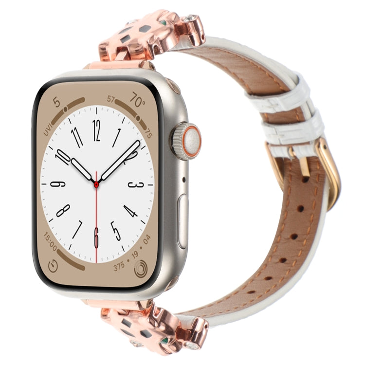 For Apple Watch 46mm / 49mm / 45mm / 44mm Leopard Head Bamboo Texture Leather Watch Band(Rose Gold White) by bashfashion