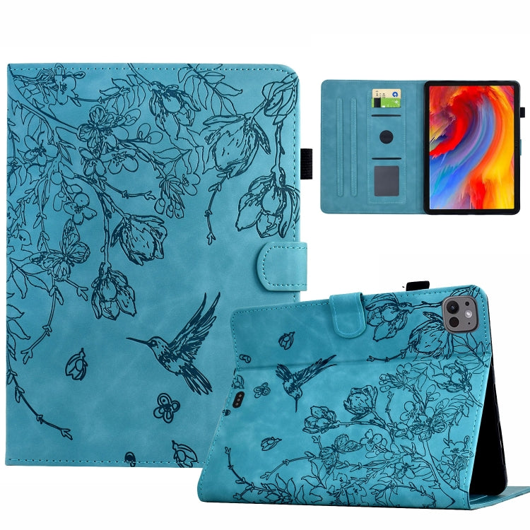 For iPad Air 11 2025 / 2024 / iPad Pro 11 Flowers and Bird Embossed Smart Leather Tablet Case(Light Blue) by bashfashion