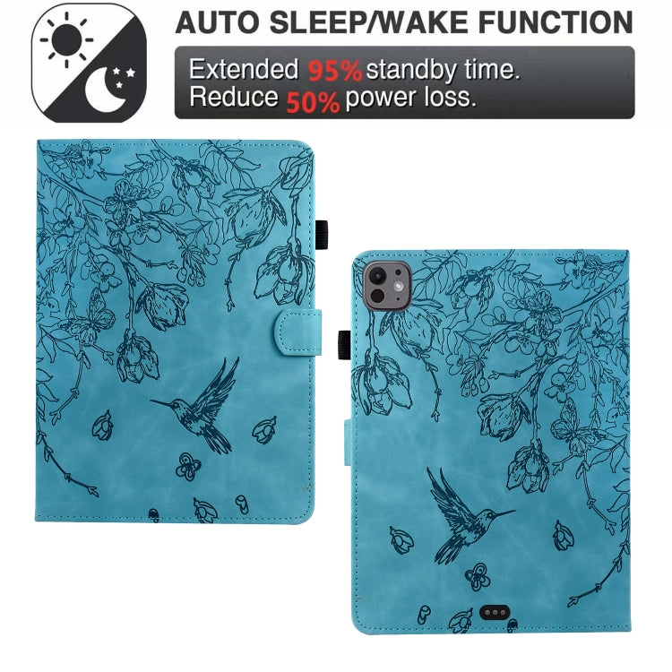 For iPad Air 11 2025 / 2024 / iPad Pro 11 Flowers and Bird Embossed Smart Leather Tablet Case(Light Blue) by bashfashion