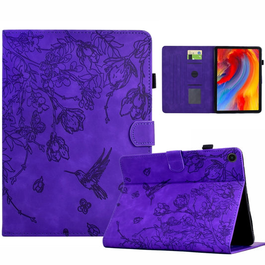 For Samsung Galaxy Tab A8 2022 SM-X200 Flowers and Bird Embossed Smart Leather Tablet Case(Purple) by bashfashion