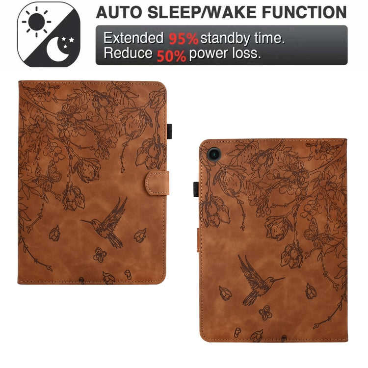 For Samsung Galaxy Tab A11+ / A9+ Flowers and Bird Embossed Smart Leather Tablet Case(Brown) by bashfashion