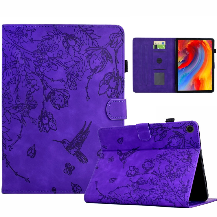 For Samsung Galaxy Tab A11+ / A9+ Flowers and Bird Embossed Smart Leather Tablet Case(Purple) by bashfashion