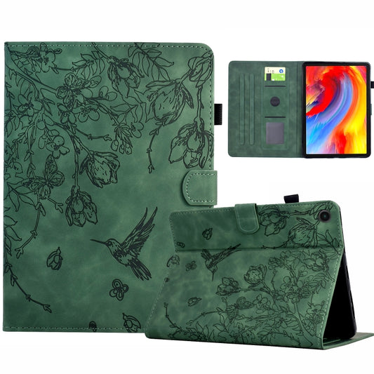 For Samsung Galaxy Tab A11+ / A9+ Flowers and Bird Embossed Smart Leather Tablet Case(Green) by bashfashion