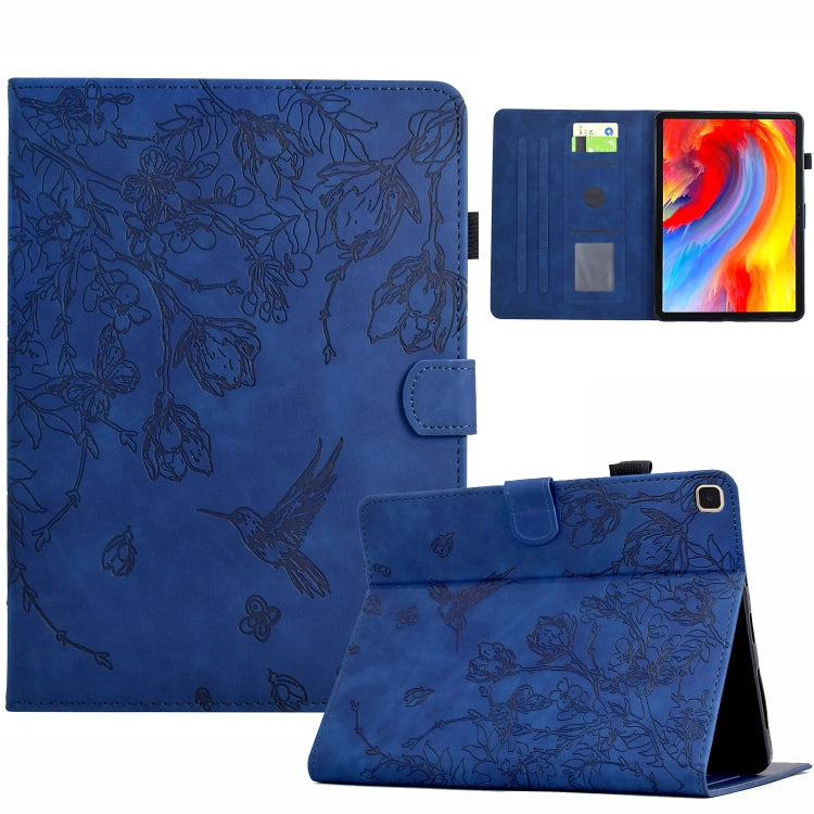 For Samsung Galaxy Tab S6 Lite P610 Flowers and Bird Embossed Smart Leather Tablet Case(Dark Blue) by bashfashion