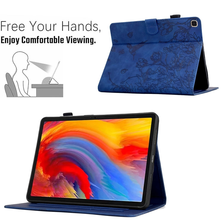 For Samsung Galaxy Tab S6 Lite P610 Flowers and Bird Embossed Smart Leather Tablet Case(Dark Blue) by bashfashion