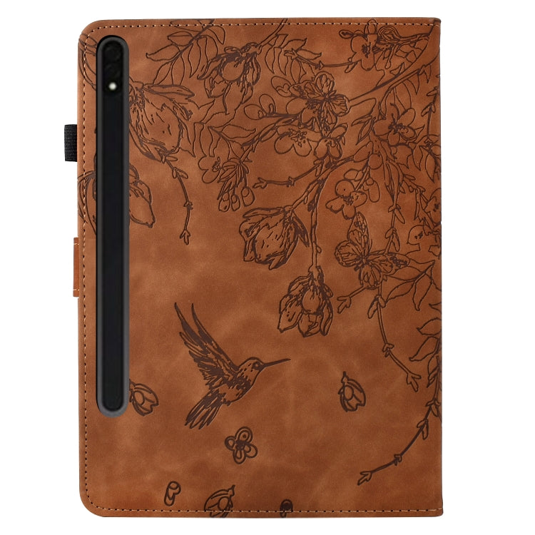 For Samsung Galaxy Tab S7 / S8 Flowers and Bird Embossed Smart Leather Tablet Case(Brown) by bashfashion