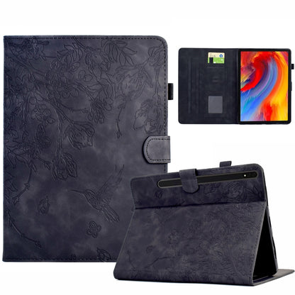 For Samsung Galaxy Tab S7 / S8 Flowers and Bird Embossed Smart Leather Tablet Case(Black) by bashfashion
