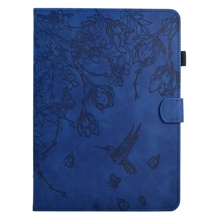 For Samsung Galaxy Tab S7 / S8 Flowers and Bird Embossed Smart Leather Tablet Case(Dark Blue) by bashfashion
