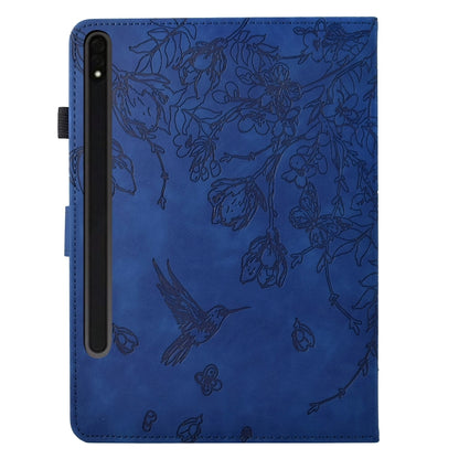 For Samsung Galaxy Tab S7 / S8 Flowers and Bird Embossed Smart Leather Tablet Case(Dark Blue) by bashfashion