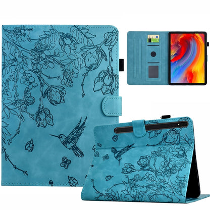 For Samsung Galaxy Tab S7 / S8 Flowers and Bird Embossed Smart Leather Tablet Case(Light Blue) by bashfashion