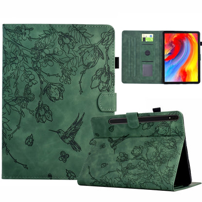 For Samsung Galaxy Tab S7 / S8 Flowers and Bird Embossed Smart Leather Tablet Case(Green) by bashfashion