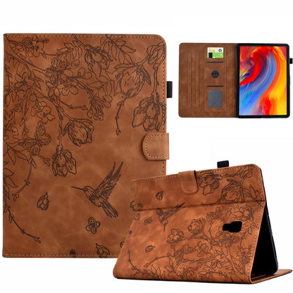 For Samsung Galaxy Tab A 10.5 T590 Flowers and Bird Embossed Smart Leather Tablet Case(Brown) by bashfashion