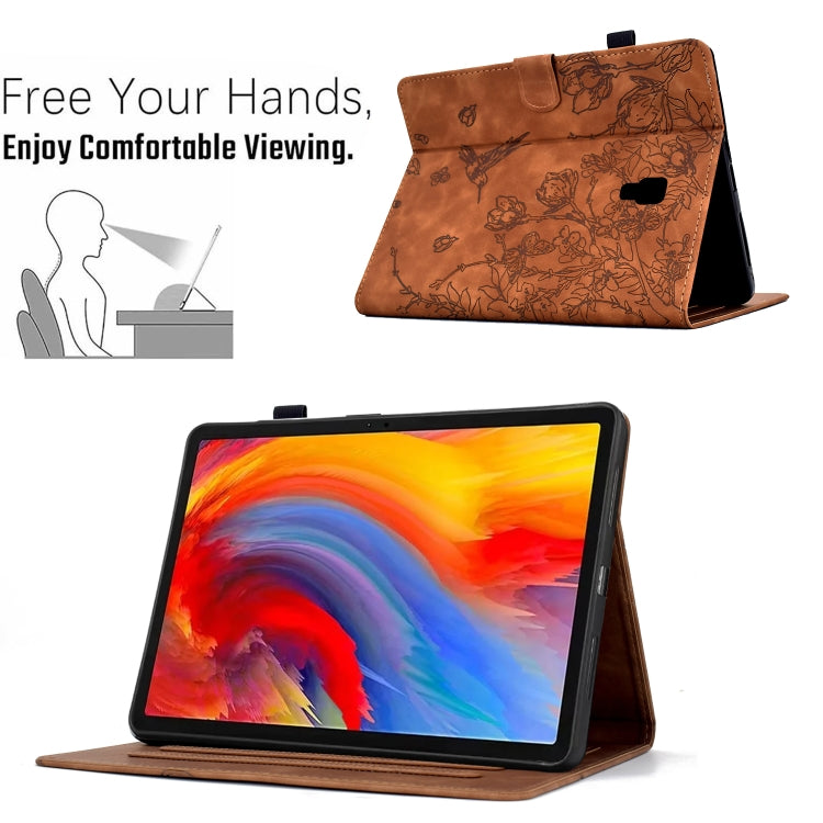 For Samsung Galaxy Tab A 10.5 T590 Flowers and Bird Embossed Smart Leather Tablet Case(Brown) by bashfashion