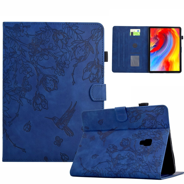 For Samsung Galaxy Tab A 10.5 T590 Flowers and Bird Embossed Smart Leather Tablet Case(Dark Blue) by bashfashion