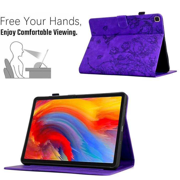 For Samsung Galaxy Tab A 10.1 T510 Flowers and Bird Embossed Leather Tablet Case(Purple) by bashfashion